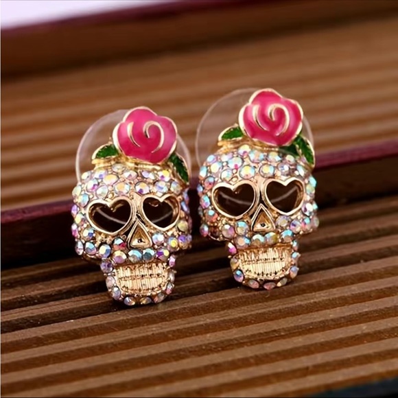 Halloween Candy Skull Rhinestone Stud Earrings - Picture 2 of 4